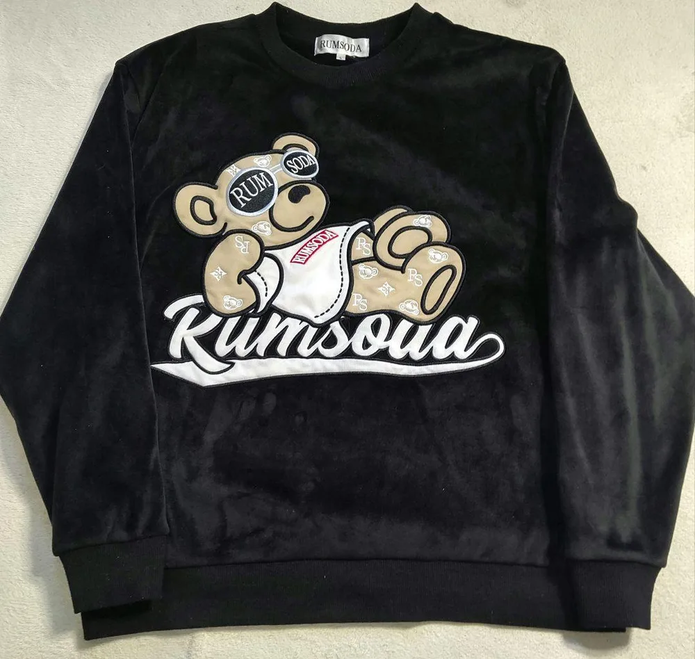 RUMSODA ベロア生地 ブラック トレーナー L デカくま モノグラム 刺繍