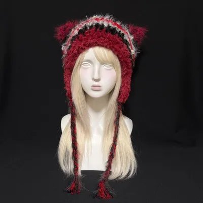 猫耳ニット帽 編み物 ハンドメイド 赤 ブラック