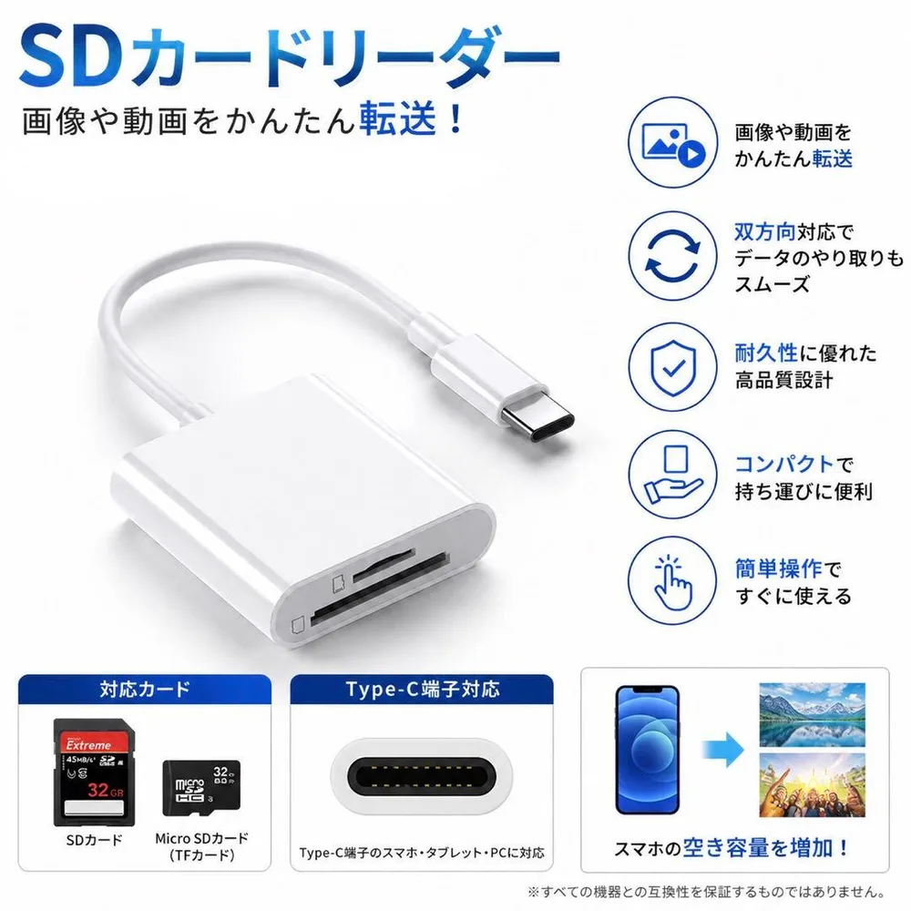 SDカードリーダー TFカードリーダー タイプC iPhone16、17対応
