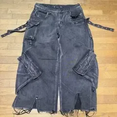 ワイドデニムパンツ カーゴパンツ ダメージ加工 ブラック