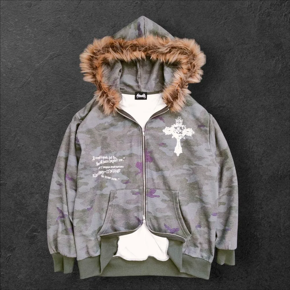 Y2K Camo Cross Fur Double Zip Hoodie L