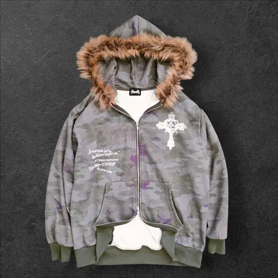 Y2K Camo Cross Fur Double Zip Hoodie L