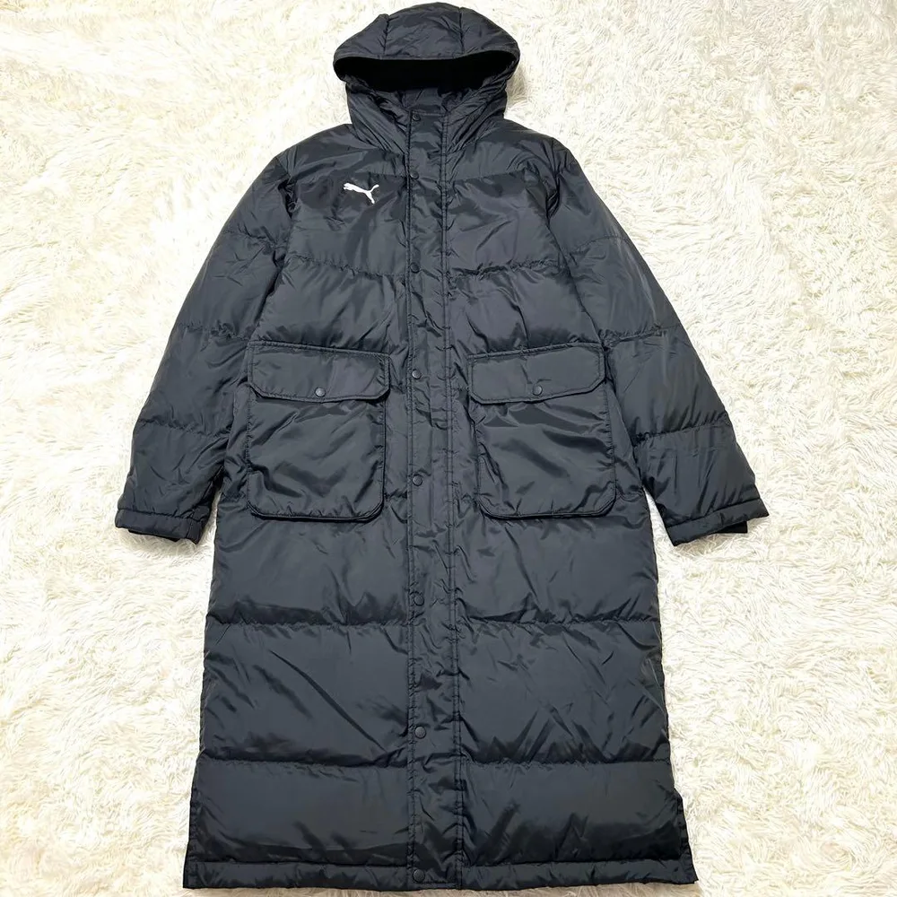 美品 プーマ ロングダウンコート ベンチコート サッカー XL フード 軽量