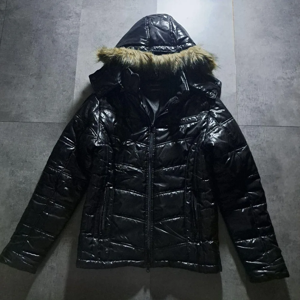 00s Fur trim down jacket y2k 光沢 短丈 ギャル系