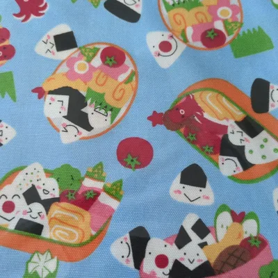 お弁当柄 プリント生地 水色 ハンドメイド素材