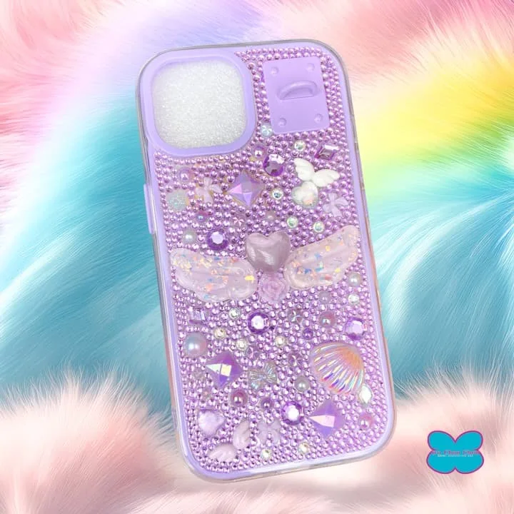 iPhone15/14専用⭐︎ハンドメイドスマホデコケース パープルの羽 一点物