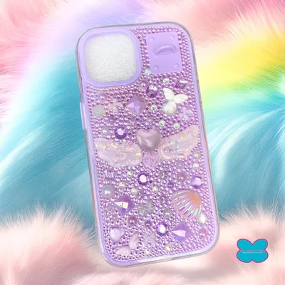 iPhone15/14専用⭐︎ハンドメイドスマホデコケース パープルの羽 一点物