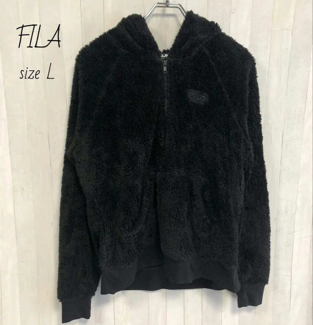FILA フィラ 刺繍ロゴ ファー ジャケット ジップパーカー 古着 L 黒