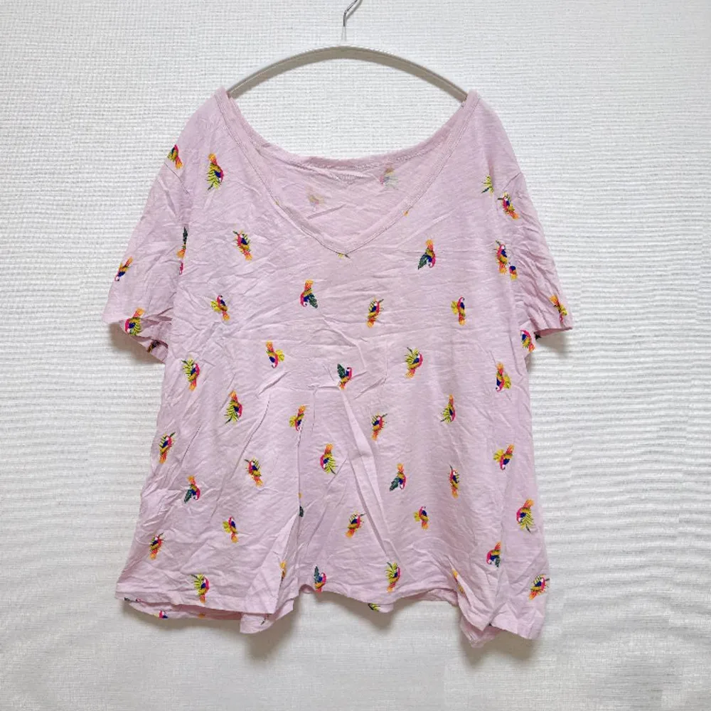 オールドネイビー 半袖Tシャツ Vネック 鳥 総柄 ビッグサイズ 桃 綿 普段着