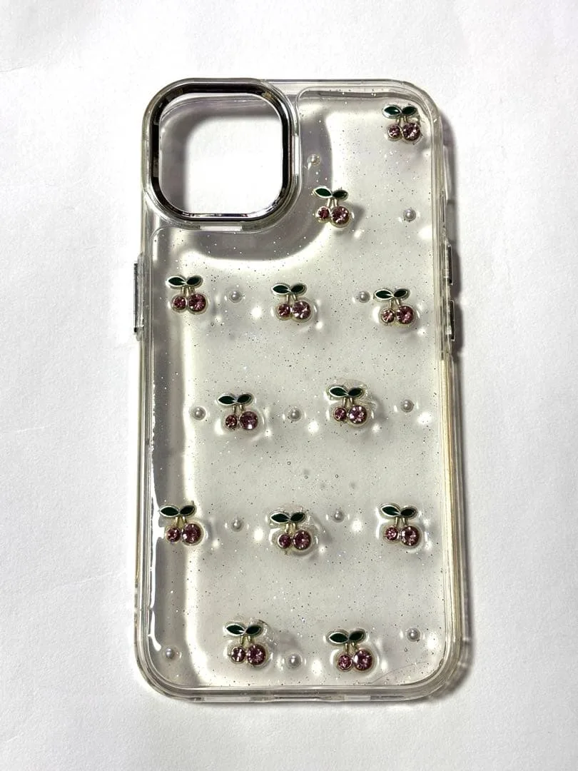 iPhone14用ケース さくらんぼデザイン クリア ラメ入り