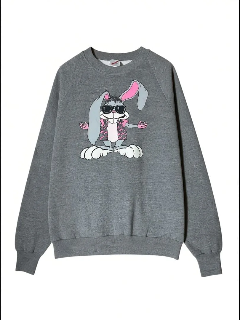 【80s USA製】JERZEES スウェット XL 杢グレー アニマル うさぎ
