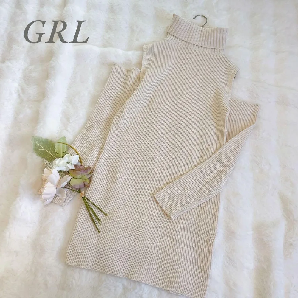 【美品】GRL◆ニットワンピース(M)アイボリー オープンショルダー ガーリー