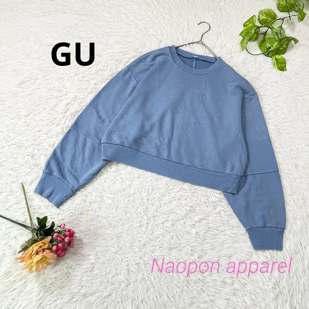 GU ウォッシュド スウェット プルオーバー ラウンドネック 袖切替 ブルー L