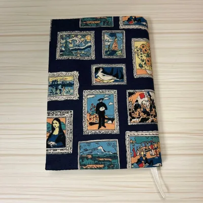 ハンドメイド ブックカバー 文庫本サイズ レトロ 絵画 美術館 ネイビー 紺色