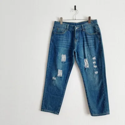 ダメージジーンズ ブルー クラッシュ加工 色落ち ストレート W32