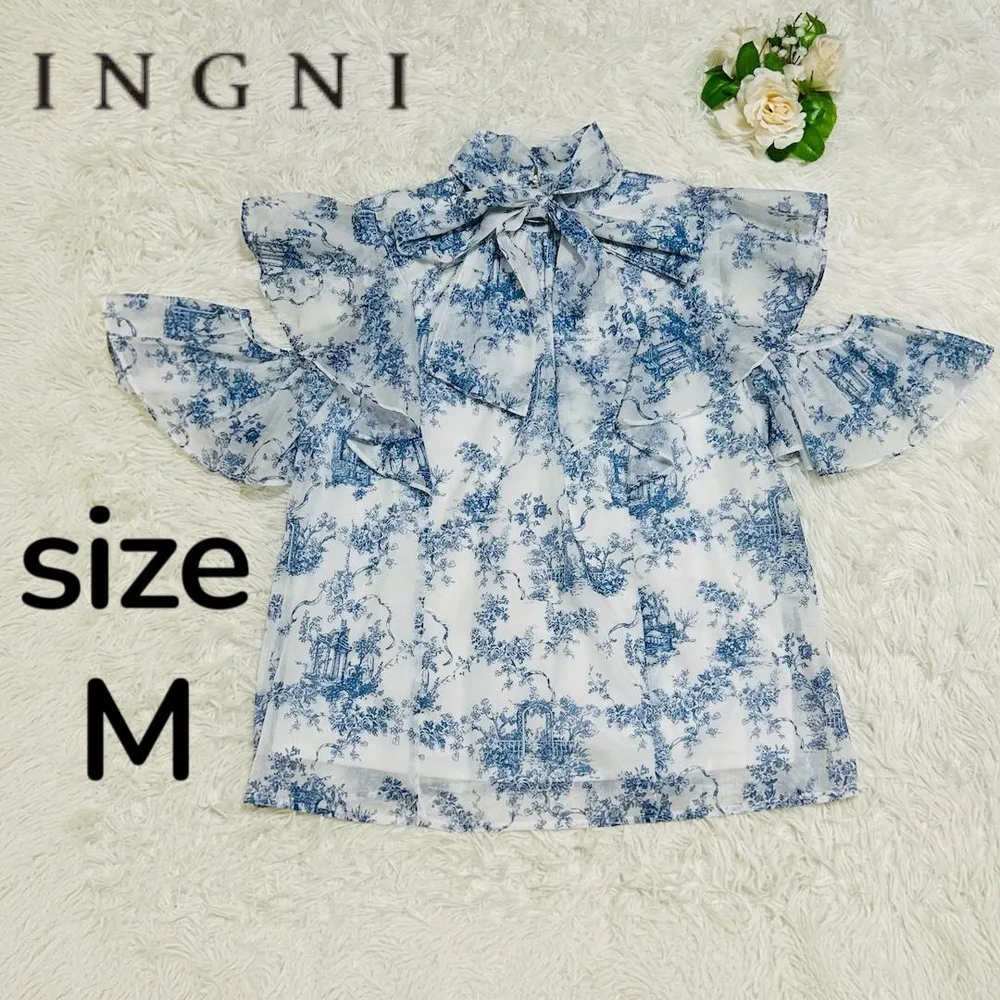 INGNI 花柄 シアー フリル ボウタイ ブラウス 洗える ブルー M