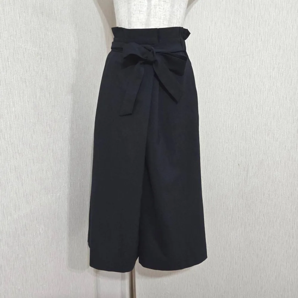 インデックス ワイドパンツ ガウチョ リボン バックゴム(S)ブラック系