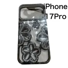 iPhone17 Pro対応 シルバー フラワー クリアケース ラインストーン