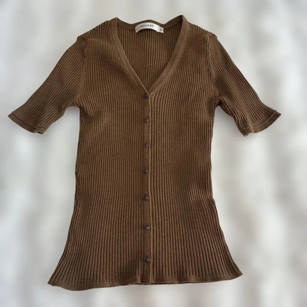 MOUSSY リブニット 半袖 カーディガン ブラウン