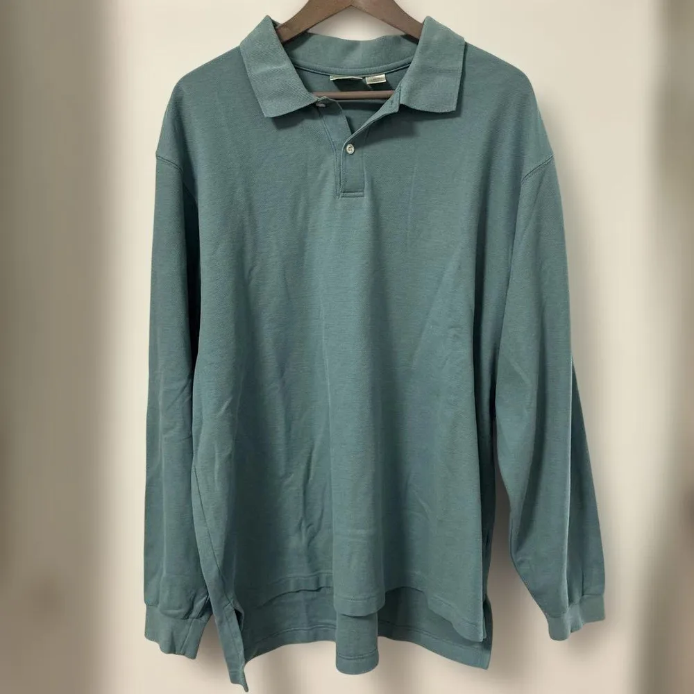 90s USA製 LLBean 長袖ポロシャツ 緑枠タグ L ブルーグリーン