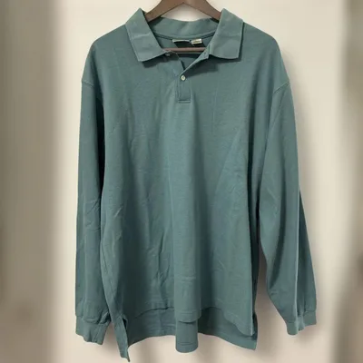 90s USA製 LLBean 長袖ポロシャツ 緑枠タグ L ブルーグリーン