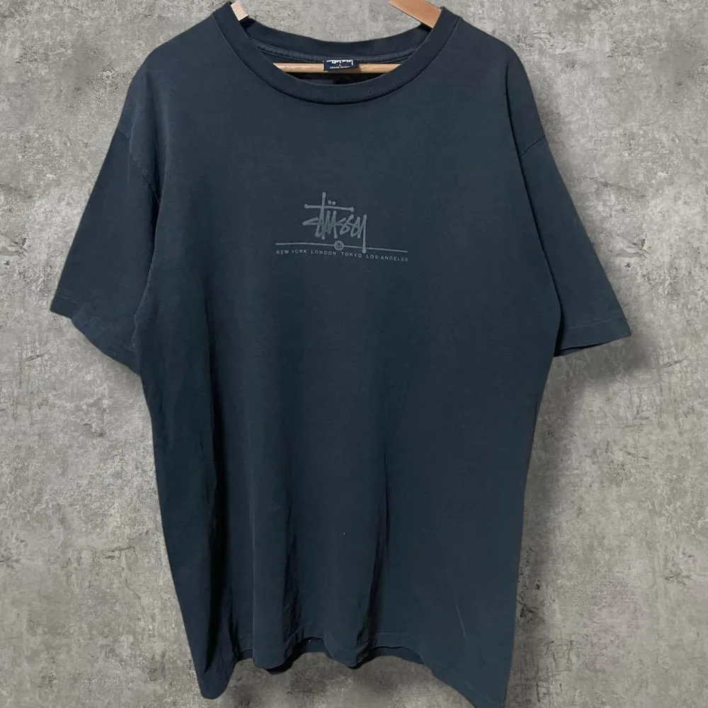 90s STUSSY ワールドツアー USA製 L 紺タグ 墨黒フェードTシャツ