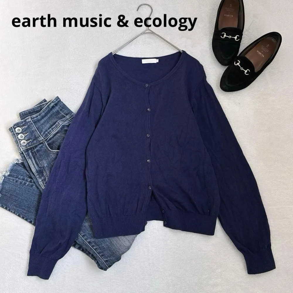 s71【earth アース】ニットカーディガン 濃いブルー シンプル L