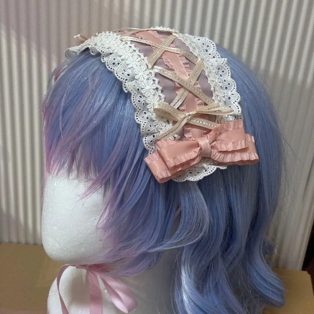 ハンドメイド ヘッドドレス ピンク 白レース 編み上げリボン 甘ロリ ロリータ
