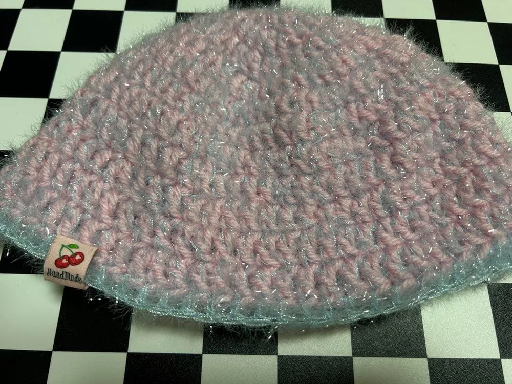 ハンドメイド ニット帽 ピンク ラメ入り
