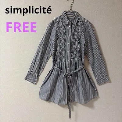 【シンプリシテェ】simplicité ストライプ柄長袖シャツ スモッキング 紺