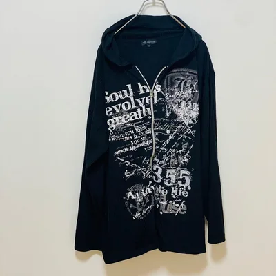 Y2K グランジ スカル総柄 フルジップ フーディー リブ長袖カットソー 4L
