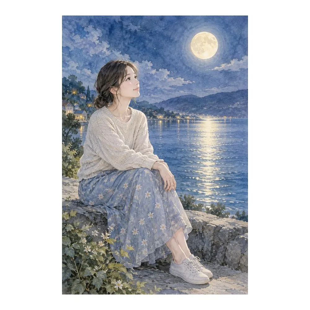 月夜と穏やかな成人女性の柔らかな透明水彩風アート A4 インテリア【BW142】