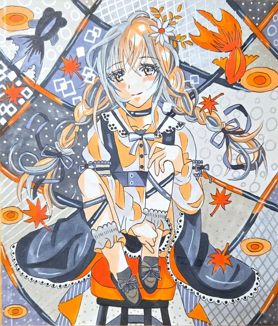 手描き オリジナルイラスト 中色紙 女の子 金魚 紅葉 アナログイラスト 2色