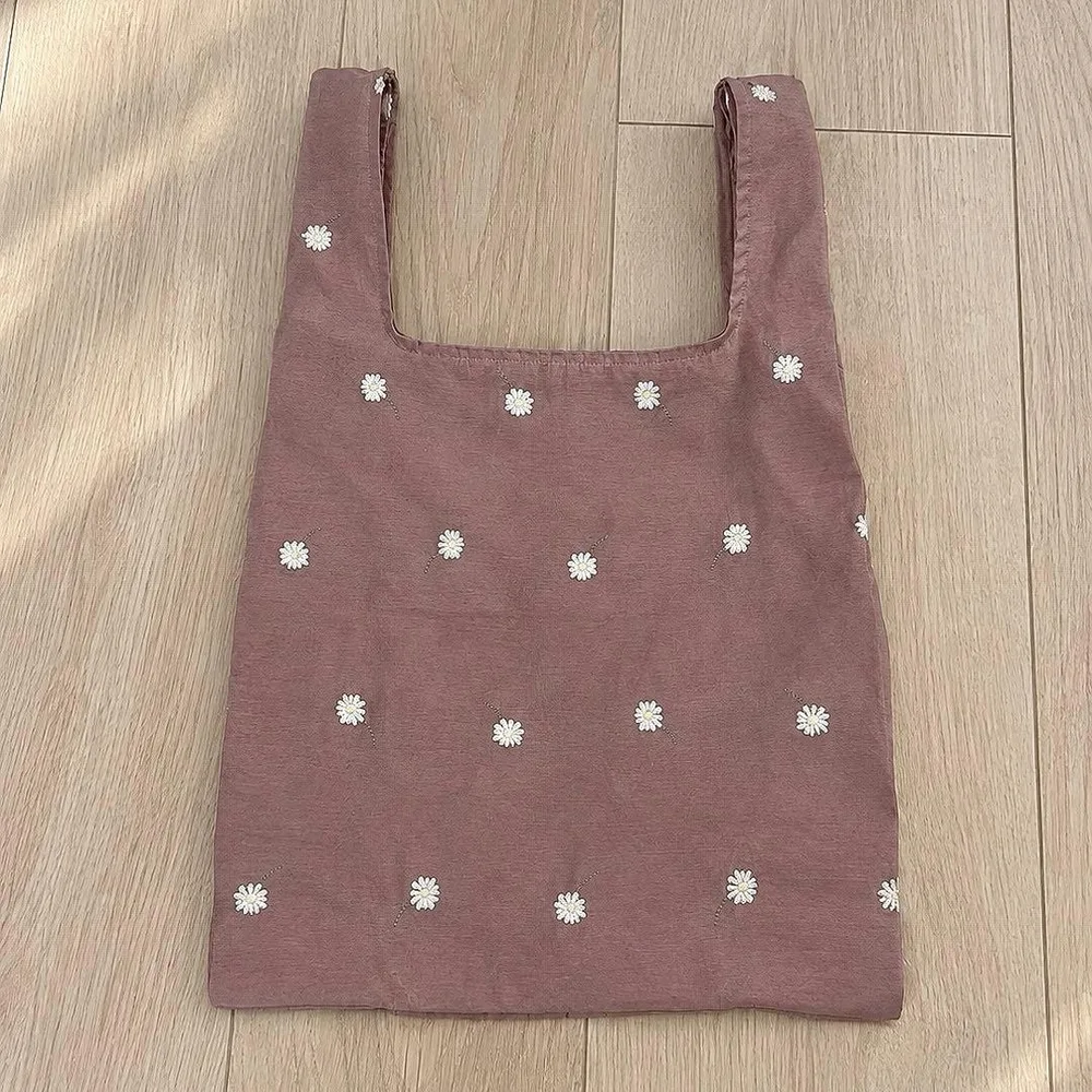 デイジー刺繍 エコバッグ くすみピンク