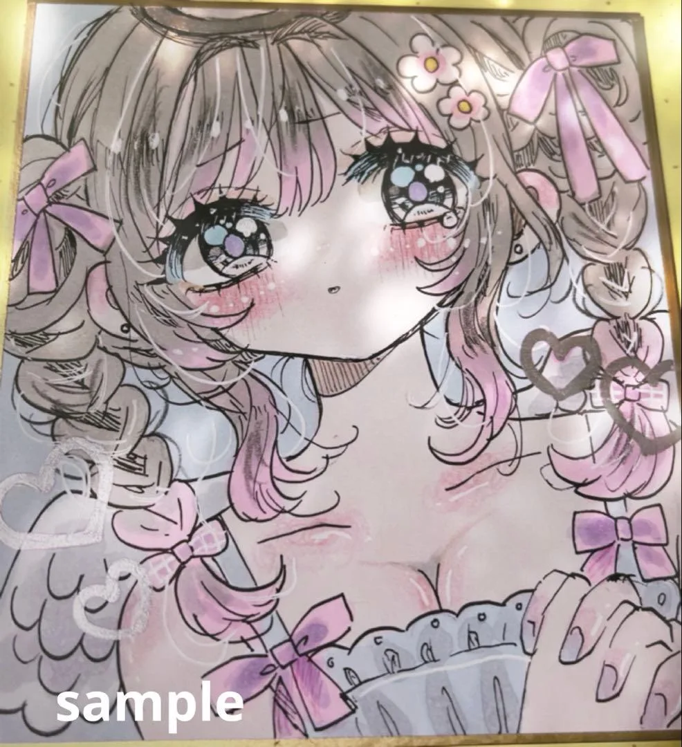 オリジナルイラスト手描き色紙【天使とリボン少女】