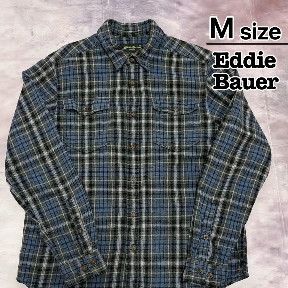 Eddie Bauer フランネルシャツ M ブルー グレー チェック柄 古着