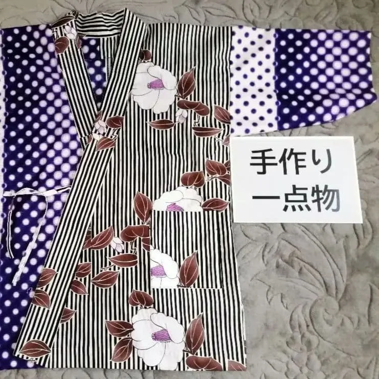 ゆかたリフォーム おしゃれ作務衣(上) 男女共用 椿+水玉 はんてん