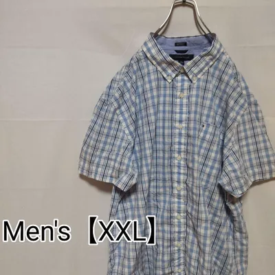 N81【US輸入】トミーヒルフィガー 半袖シャツ【メンズXXL】水色チェック