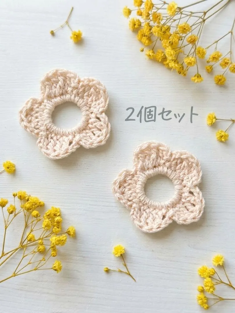 ベビー キッズ 子ども お花 ヘアゴム 編み物 ハンドメイド 毛糸 黄色 ラメ