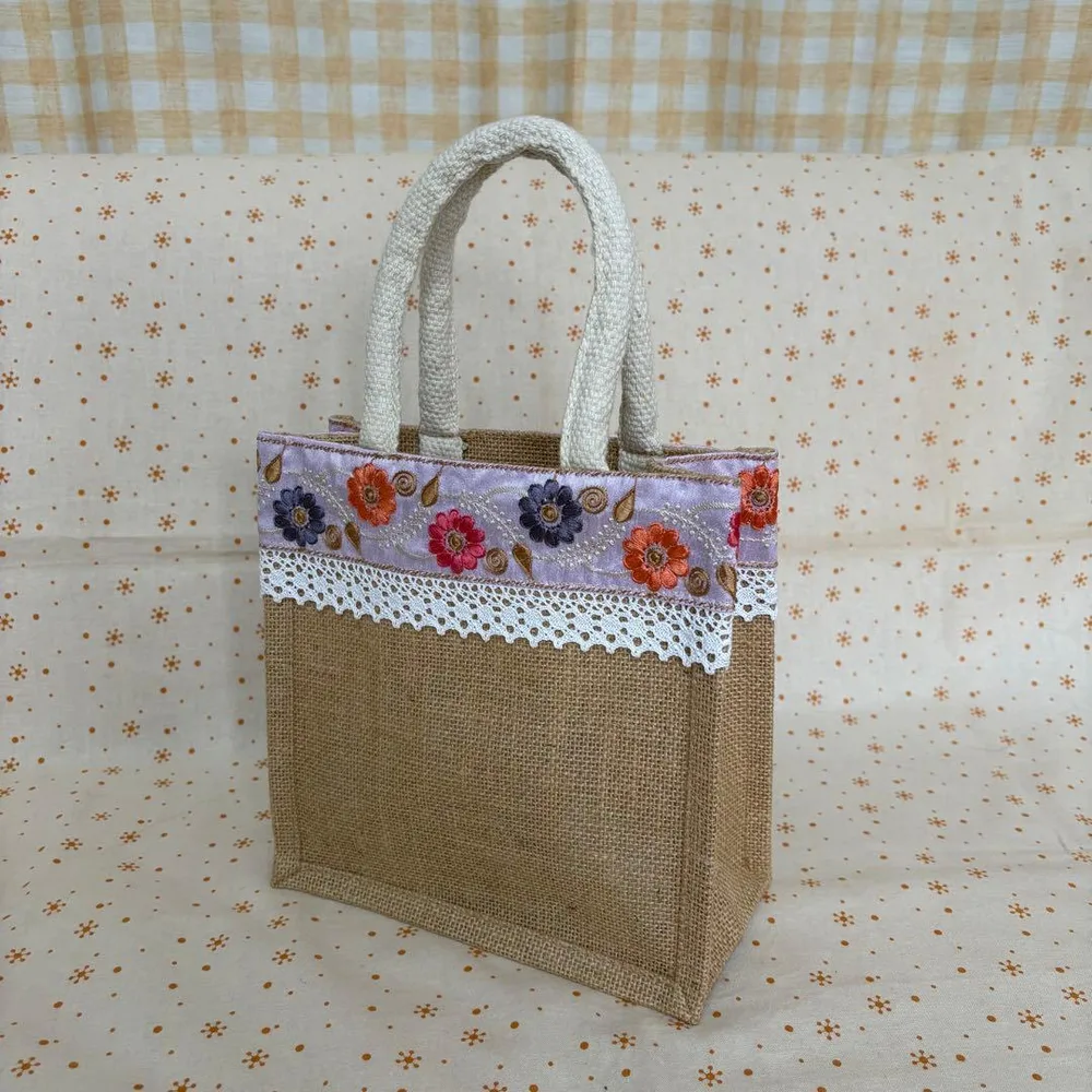 インド刺繍 麻布 トートバッグ 花柄 パープル ピンク オレンジ 茶色 レース