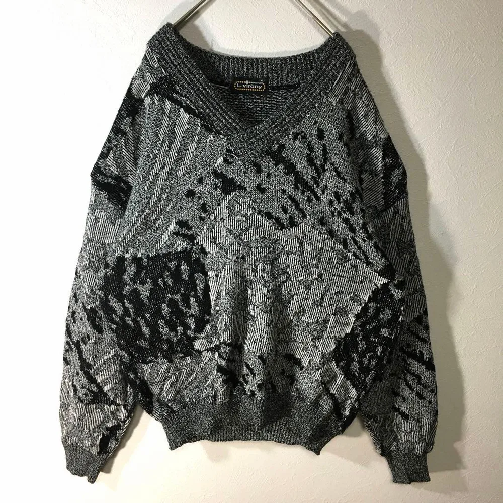 【個性派古着】長袖デザインセーター Vネック ミックスグレー メンズ XL