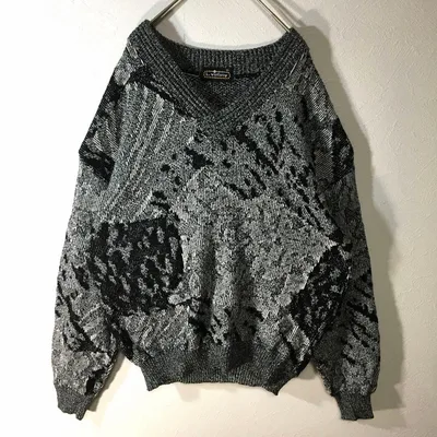 【個性派古着】長袖デザインセーター Vネック ミックスグレー メンズ XL