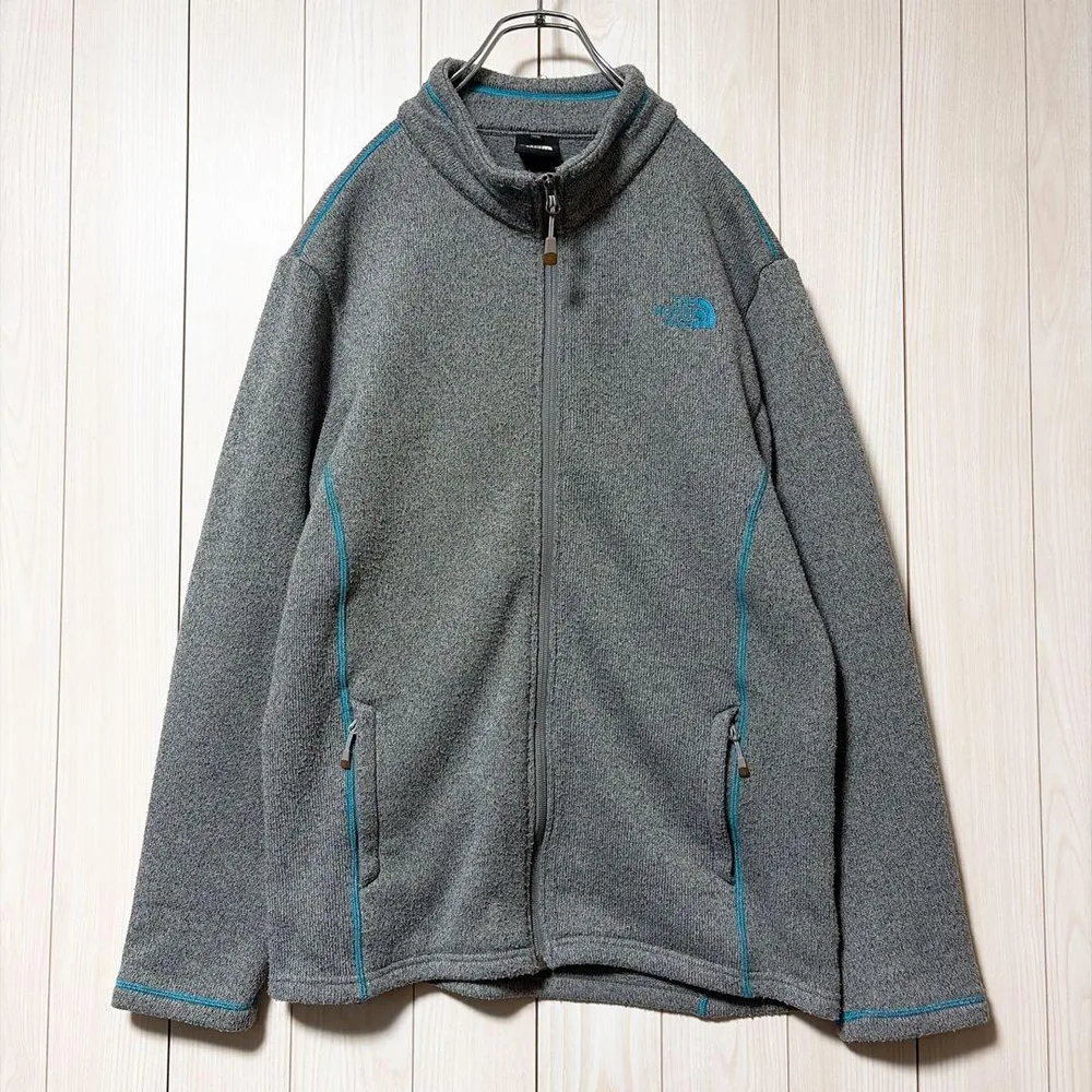 ノースフェイス フリースジャケット 刺繍ロゴ ジッパーポケット グレー L