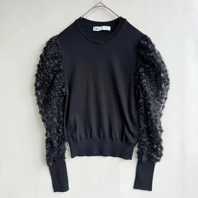 美品 ZARA ザラ レディース フリルパフスリーブニット チュール ブラック