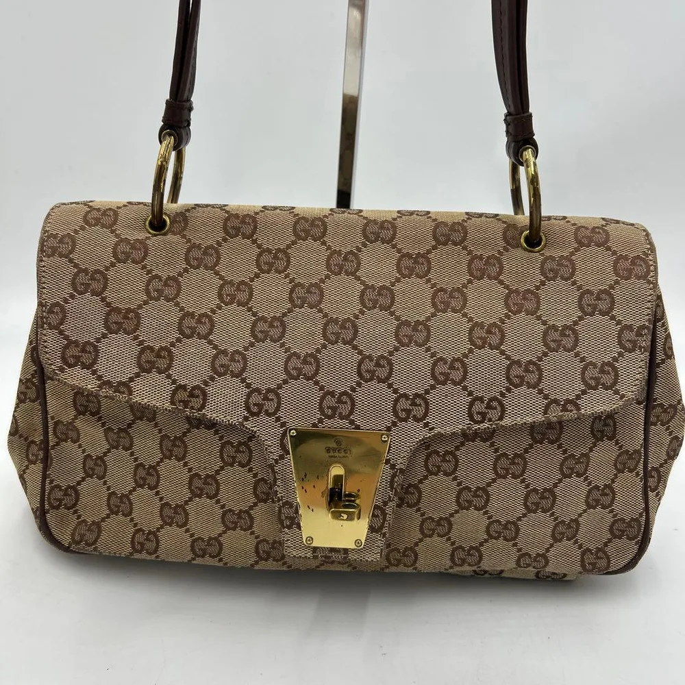 GUCCI GGキャンバス ロゴ金具 レザー ショルダーバッグ トートバッグ