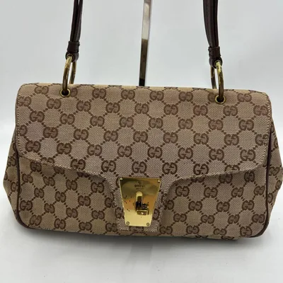 GUCCI GGキャンバス ロゴ金具 レザー ショルダーバッグ トートバッグ