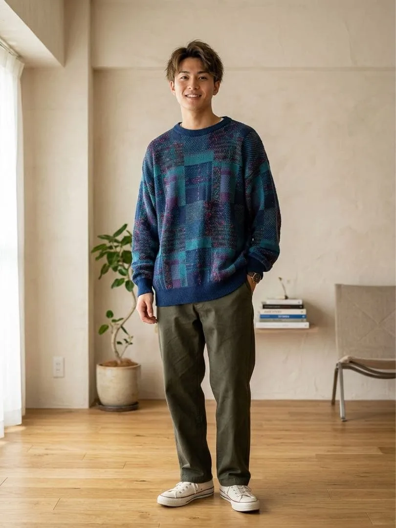 メンズ クルーネック ニット セーター ブルー系 古着