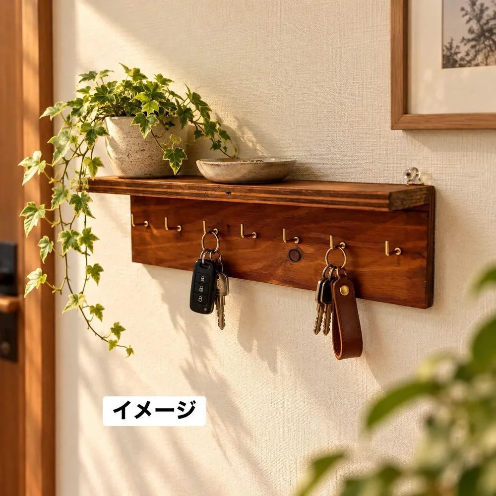 画鋲で取付!木製 ウォールシェルフ フック7箇所付き 壁掛け飾り棚