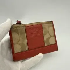★中古 COACH コーチ シグネチャーコインケース 赤 ベージュL字ファスナー