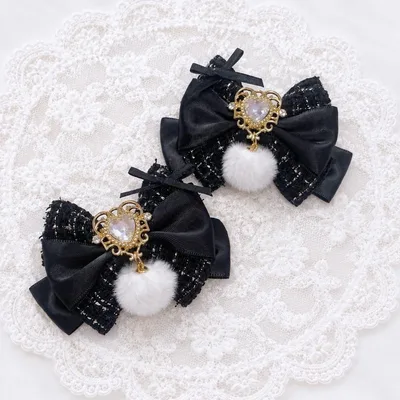 【ハンドメイド】黒×白ファー リボンヘアクリップ 2個♡ 地雷系 推し活 量産型
